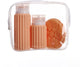 Borsa da viaggio Muitomas + spazzola per il viso + 2 flaconi - compatta - borsa trasparente impermeabile - flaconi da viaggio in silicone - peluria pesca