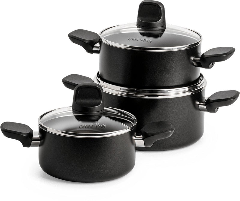 Juego de sartenes Greenpan Memphis 6 piezas - 16 18 20cm - 1,6 2,1 3,1l - revestimiento antiadherente sin pfas - juego de sartenes para inducción - cacerola de cerámica - apta para horno hasta 160°c - asas frías - con tapa de cristal - negro