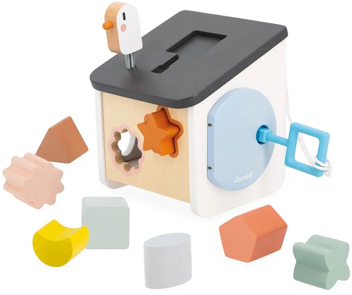 Janod - capullo dulce - clasificador de formas de casitas para pájaros - 8 formas de madera diferentes