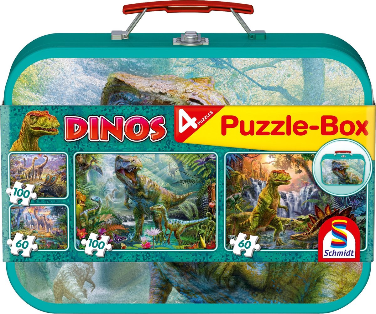 Schmidt - Puzzle - Dinosauri, Scatola Puzzle, 2x60 2x100 Pezzi in Custodia di Metallo - Bambini - dai 6 anni