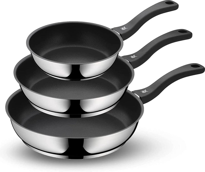 WMF Sartén revestida de 3 piezas con mango - juego de sartenes antiadherentes - diámetro 20 24 28 cm - negro plateado