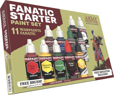 The Army Painter Warpaints Fanatic: set inicial, 11 pinturas: 7 colores acrílicos, 2 metalizados, 1 aguada, 1 imprimación para aplicar con pincel, 1 figura en miniatura y pincel inicial gratis