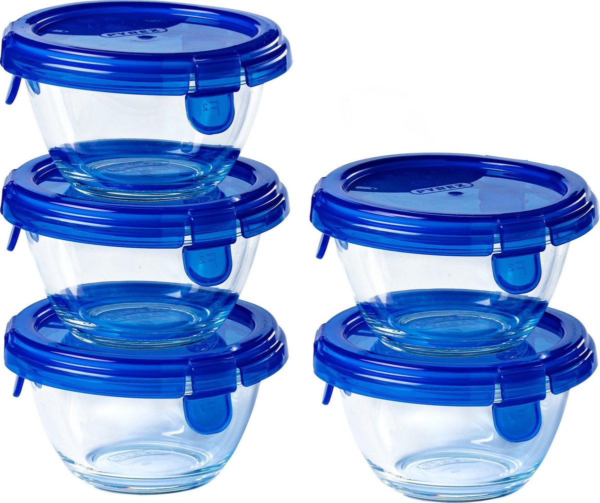Pyrex - ciotola cook go tonda con coperchio 200 ml set 5 pezzi - blu trasparente