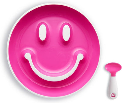 Vajilla infantil Munchkin - plato para bebé con ventosa y cuchara - smile 'n Scoop - plato con ventosa en forma de smiley - Sin BPA - 9+ meses - rosa