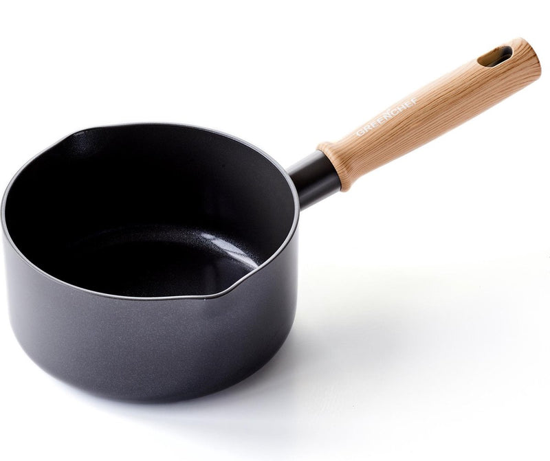Pentola vintage Greenchef 16 cm - 1,6 l - rivestimento antiaderente senza pfas - pentola a induzione - teglia in ceramica - adatta al forno fino a 160°C - manico in legno - maniglia refrigerante - senza coperchio - nera