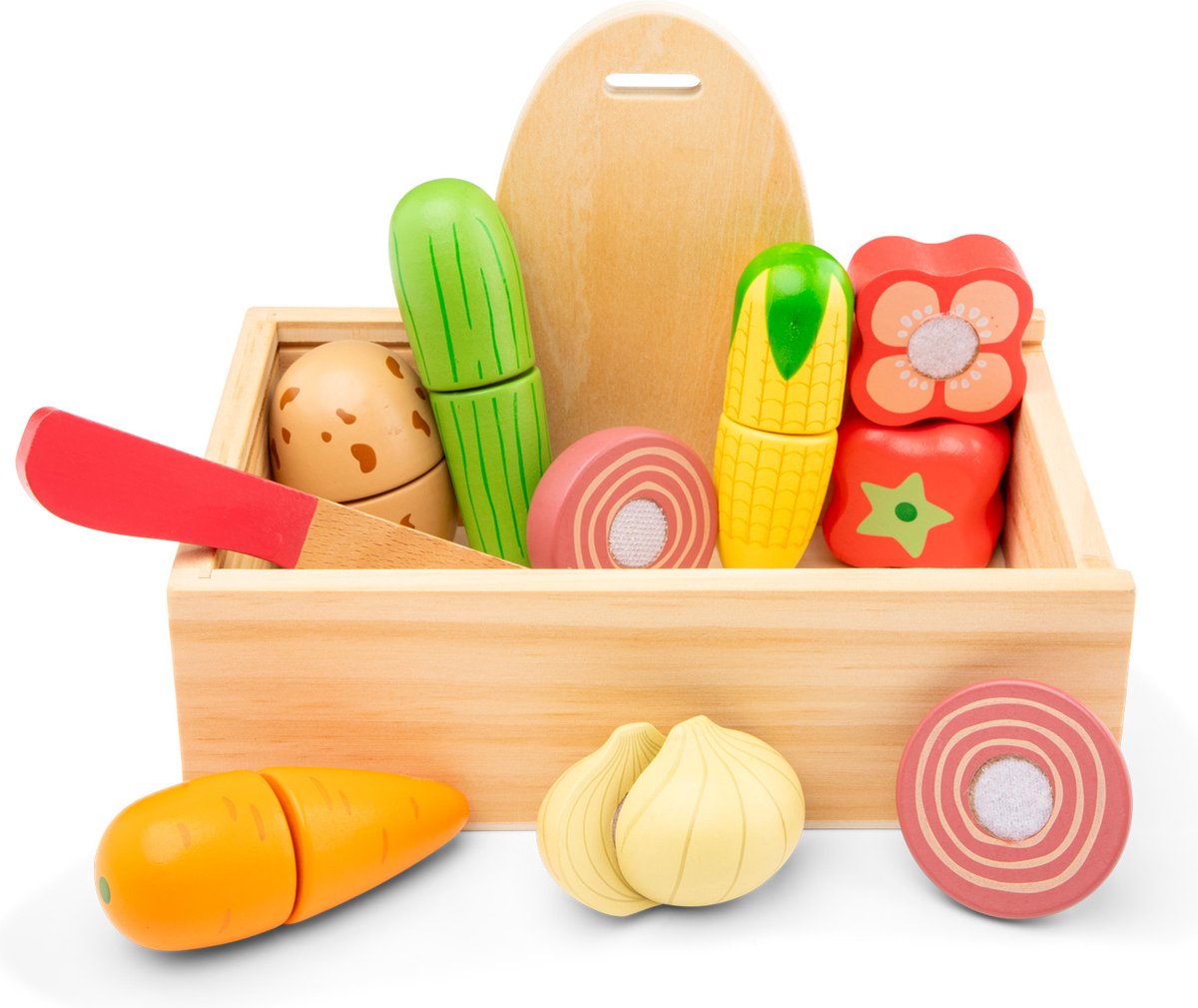 Woet New Classic Toys® Juego de Cortar Verduras de Madera en Caja de Almacenamiento - Juego con Tabla de Cortar, Zanahoria, Pimienta, Pepino - Juguete Educativo de Comida - Juguetes de Cocina para Juegos de rol - a Partir de 24 Meses