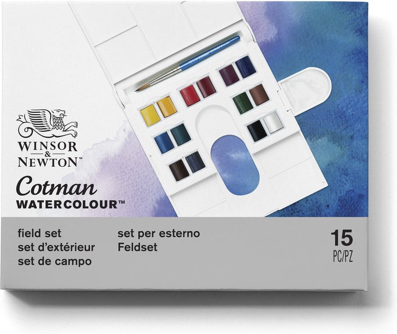 Winsor Newton 0390083 Cotman Set di colori ad acquerello – Set da campo – 14 mezze vaschette di acquerello – Set da viaggio compatto per acquerello con pennello