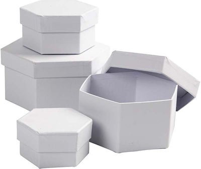 Creativ company hexagonal boxes, h: 4+5+6+7 cm, d 6.5+8+10+12 cm, white, 4 pieces 1 set