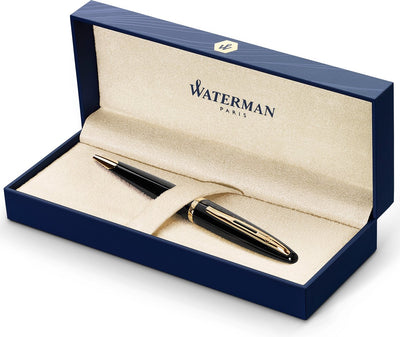 Penna a sfera Waterman Carène Mar Nero | nero lucido con clip in oro 23 carati | punta media con cartuccia d'inchiostro blu | confezione regalo