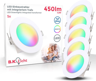 B.K. light - rgbw recessed spotlights - set of 5 - bathroom lighting - with remote control - dimmable - colored light - ip44 - 9.2 cm x 4.5 cm (dxh) - white