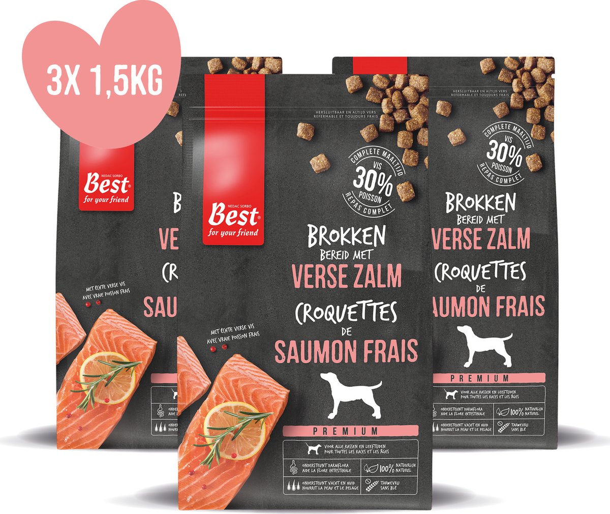 Palissandro migliore per il tuo amico da - cibo per cani - salmone fresco - senza frumento - 3 sacchetti da 1,5 kg