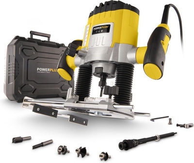 Enrutador Powerplus powx0910 - 1200w - máx. profundidad: 35 mm - velocidad variable - incl. estuche de almacenamiento, guía paralela, conexión de vacío, juego de cortadores de 6 piezas y 7 accesorios