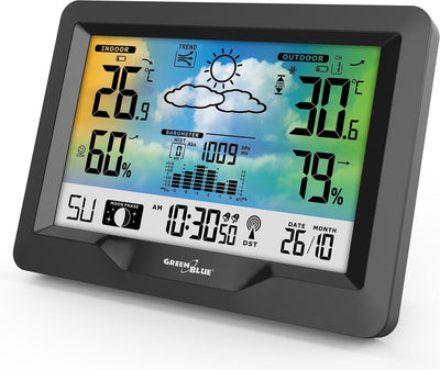 Greenblue GB540 weather station color screen, indoor and outdoor temperature DCF system, moon phases, barometer, calendar