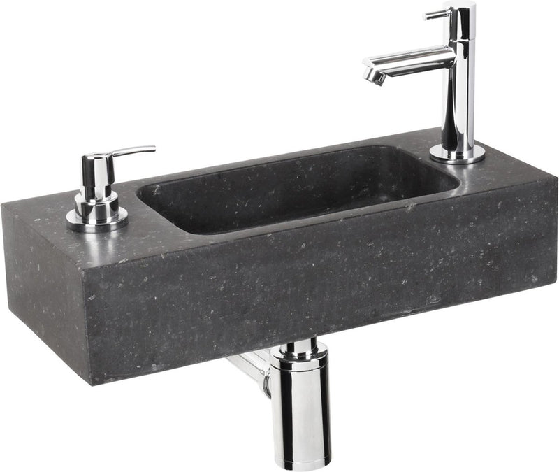 Juego de fuente Sapon Differnz - 42x18,5x9cm - rectángulo - 1 orificio para grifo - con fuente sifón y tapón de drenaje - piedra natural negra