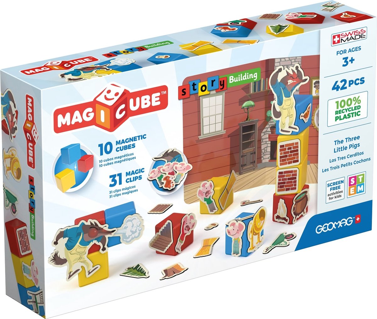 Geomag magicube story che costruisce tre porcellini - giocattoli magnetici - 42 pezzi - da 3 anni