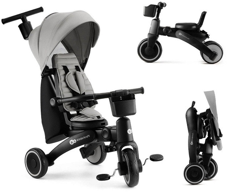 Triciclo per bambini Kinderkraft jazz 2 5 in 1 - da 9 mesi a 5 anni - sedile girevole a 360° con clic twist, maniglia per genitori regolabile e cappottina parasole - grigio