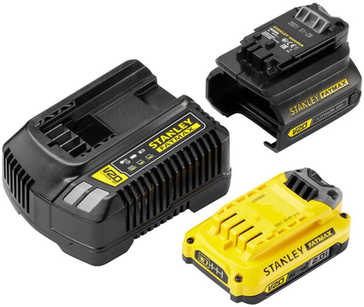 Stanley accessoires - set van 2a lader, 1x 18 v li-ion 2.0 ah accu en adapter sfmcb121d1-qw