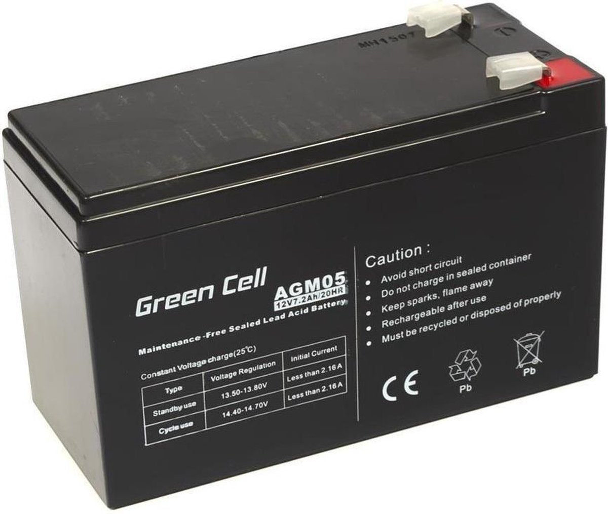 Batería de plomo-ácido Green Cell de gel de plomo de 12 V y 7,2 Ah (ancho x alto x profundidad) Terminal de cable de 151 x 95 x 65 mm Resistente a ciclos de 6,35 mm, sin mantenimiento