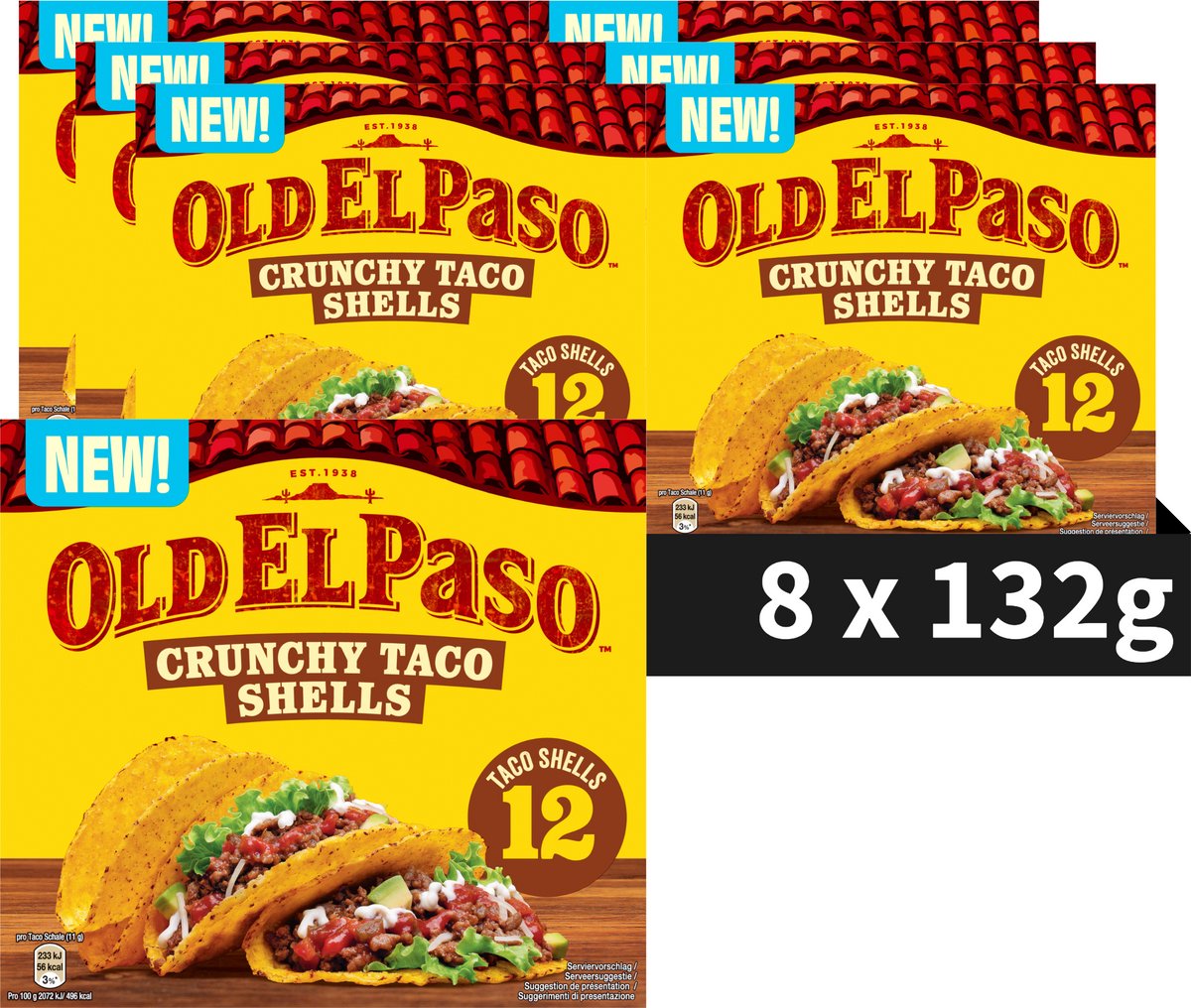 Conchiglie di tacos Old El Paso - 8 x 12 pezzi - Tortilla messicana - Vegetariano senza glutine - Confezione risparmio tacos