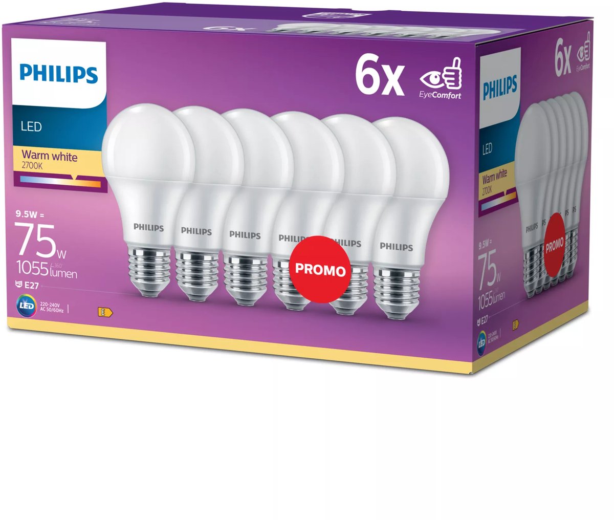 Lampada LED Philips a risparmio energetico opaca - 75 w - E27 - luce bianca calda - 6 pezzi - risparmia sui costi energetici
