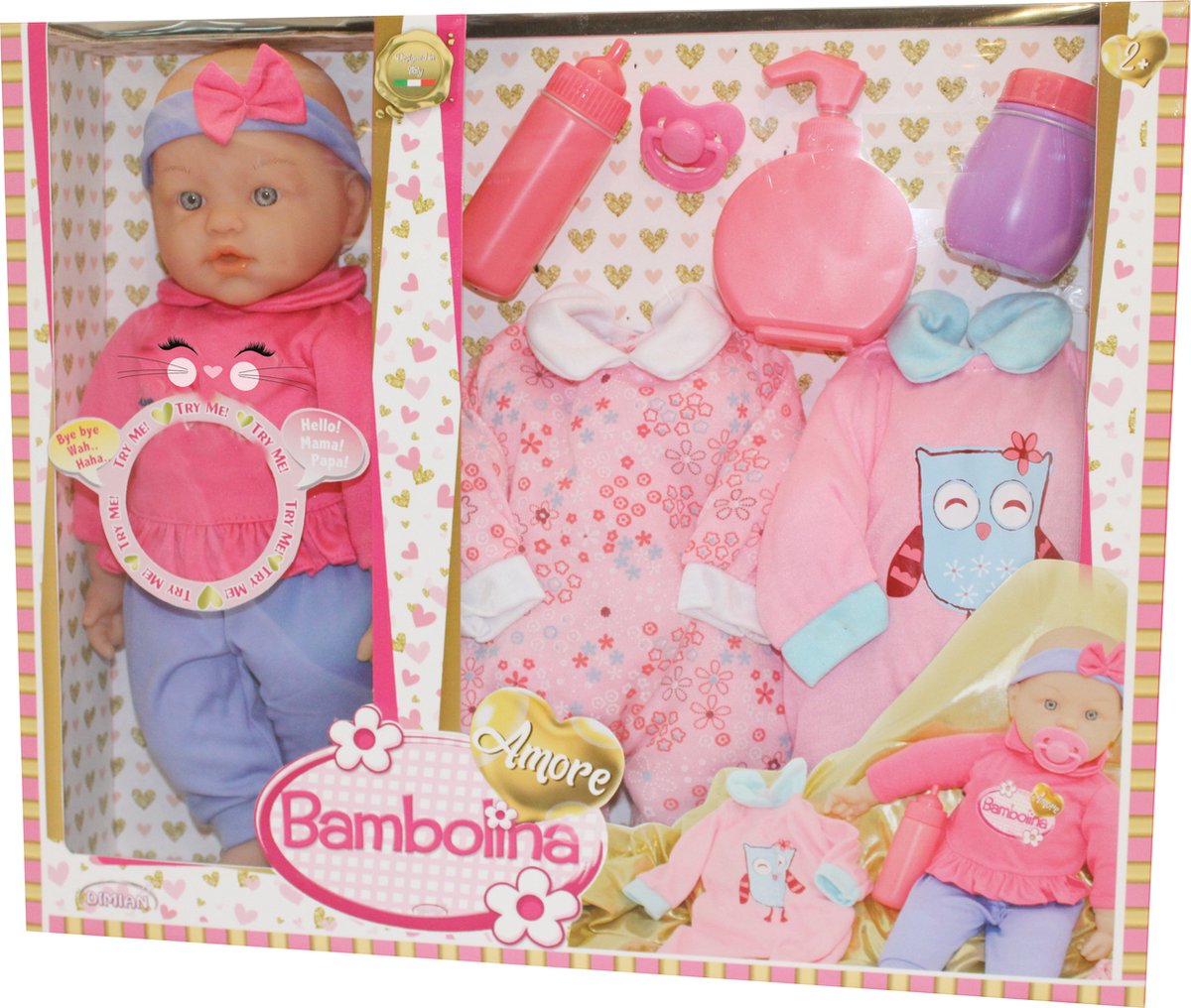 Muñeco Dimian con sonidos y ropita de bebe - amore - 40 cm.