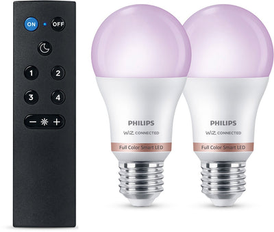 Philips smart lighting - starterkit - slimme lampen met afstandsbediening - rgb - gekleurd en instelbaar wit licht - dimbaar - e27 fitting - werkt met de wiz app - wifi