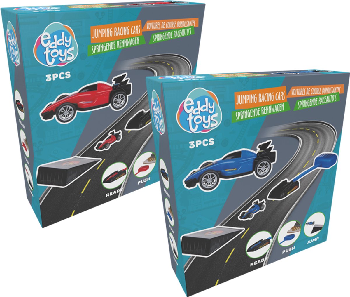 Eddy toys jumping race car set – launch race cars – toy car with launcher and ramp – 3 piece set - red or blue - 1 random color