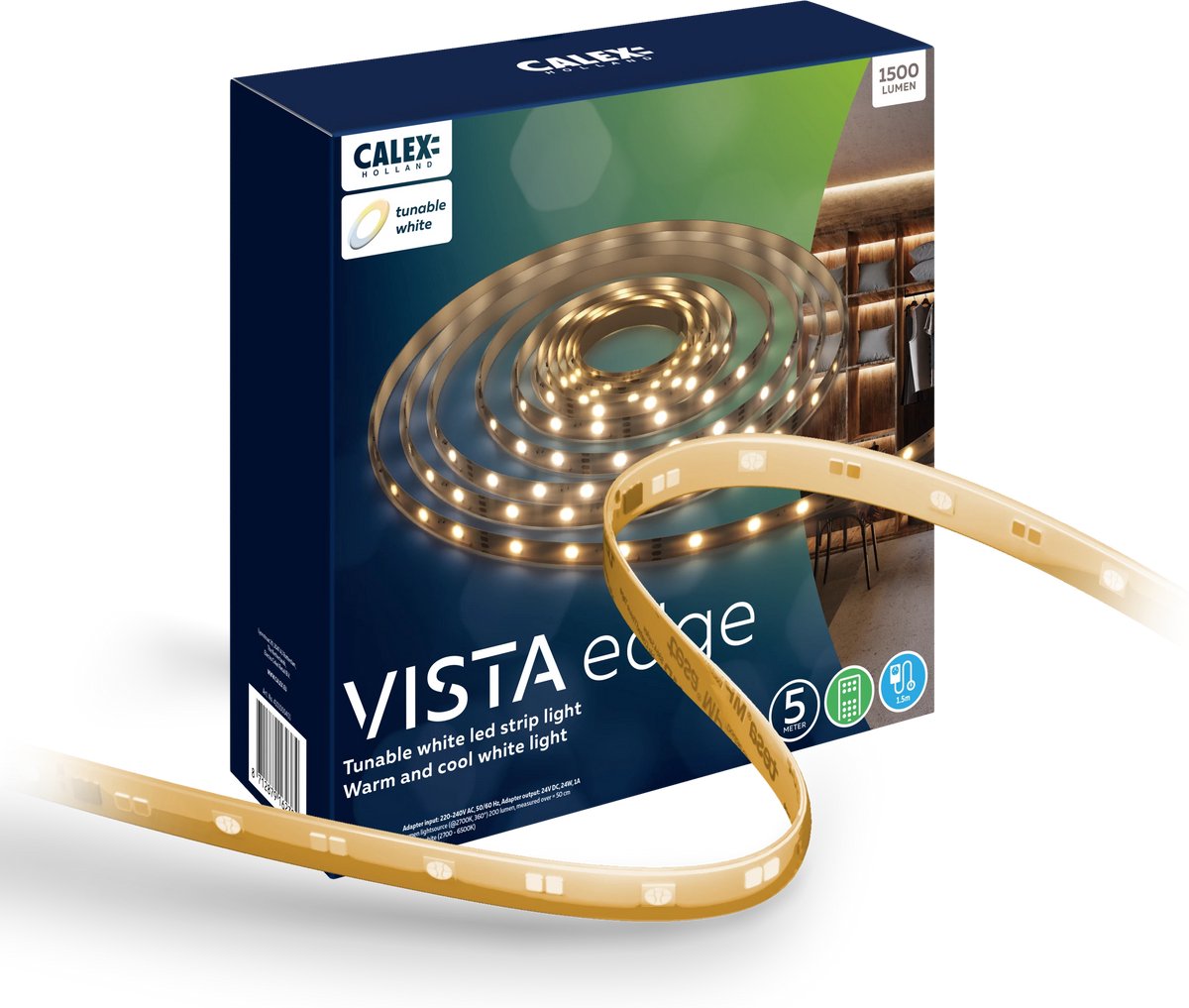 Calex vista led strip 5 meter - voor binnen - warm wit licht - inclusief afstandsbediening
