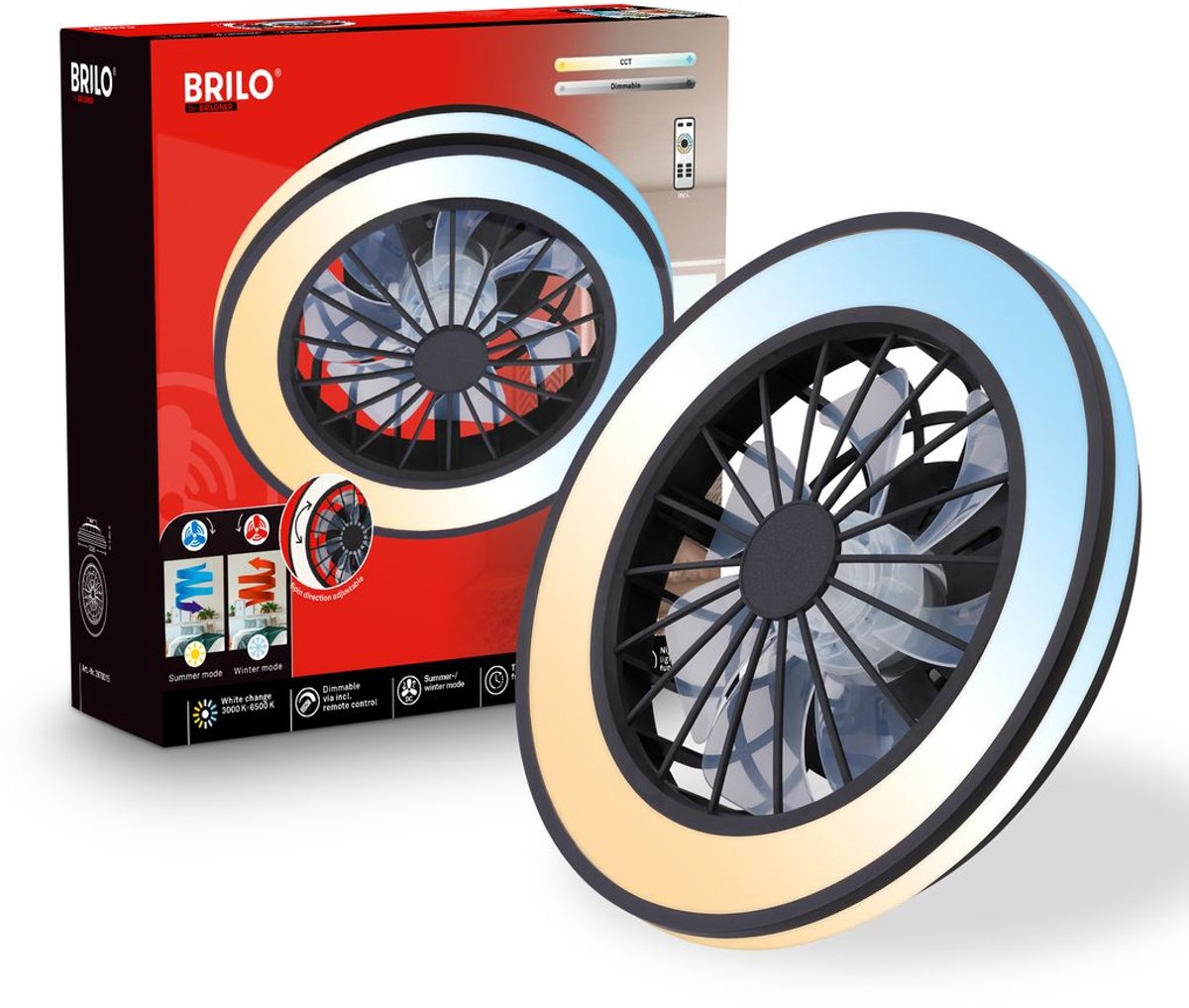 Briloner venturo - ventilatore da soffitto con illuminazione - lampada da soffitto a LED con ventilatore - dimmerabile - 5 velocità - ventilatore da soffitto con modalità estiva e invernale - CCT - ø38 cm - nero