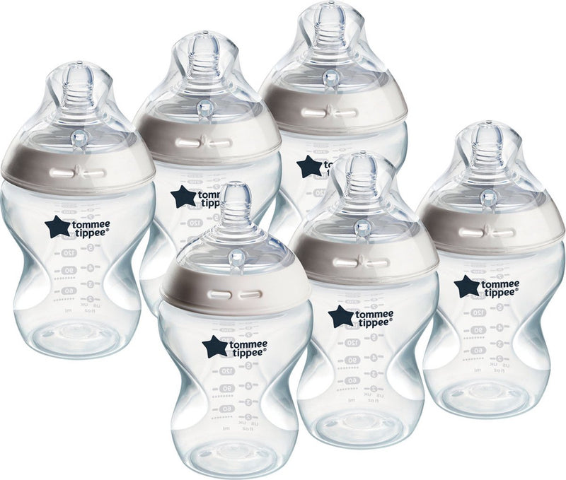 Tommee tippee natural start babyflessen, 0m+, babyflessen set van 6, 260ml, speen in de vorm van een borst voor een natuurlijke zuigwijze, lage stroomsnelheid, zelfsteriliserend en bpa-vrij, baby feeding essentials