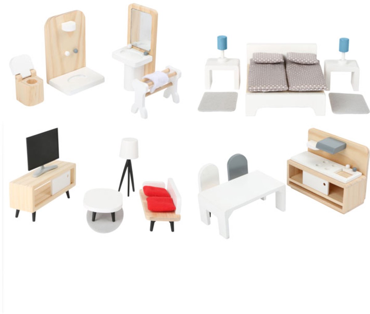 Set di mobili per bambole in legno a piede, 28dlg.
