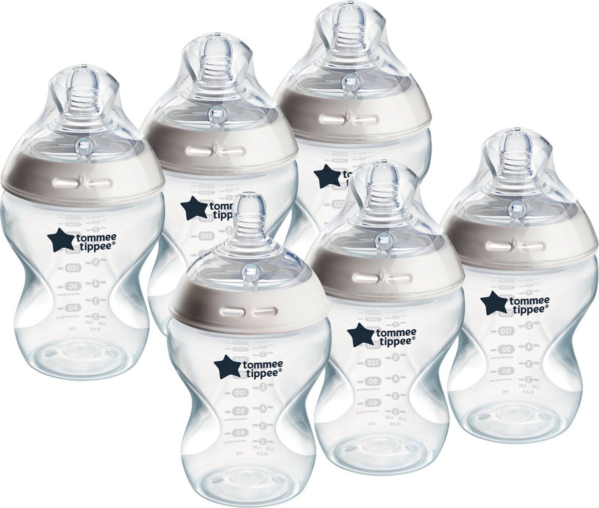 Tommee tippee biberones natural start, 0m+, set de 6 biberones, 260ml, tetina con forma de pecho para succión natural, bajo caudal, autoesterilizables y sin BPA, básicos para la alimentación del bebé