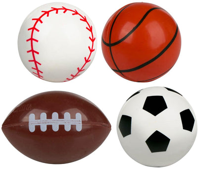 Eddy Toys Surtido de pelotas que rebotan para deportes - pequeñas pelotas que rebotan con diseño deportivo - pelotas de juguete que rebotan - béisbol, baloncesto, rugby, fútbol para niños - juego de 4