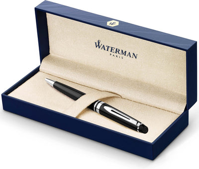 Penna a sfera Waterman Expert | nero lucido con bordo cromato | punto medio | inchiostro blu | con confezione regalo
