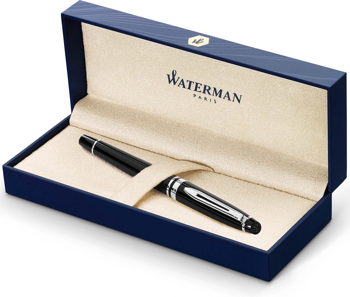 Penna roller Waterman Expert | nero lucido con bordo cromato | bel punto | inchiostro nero | confezione regalo