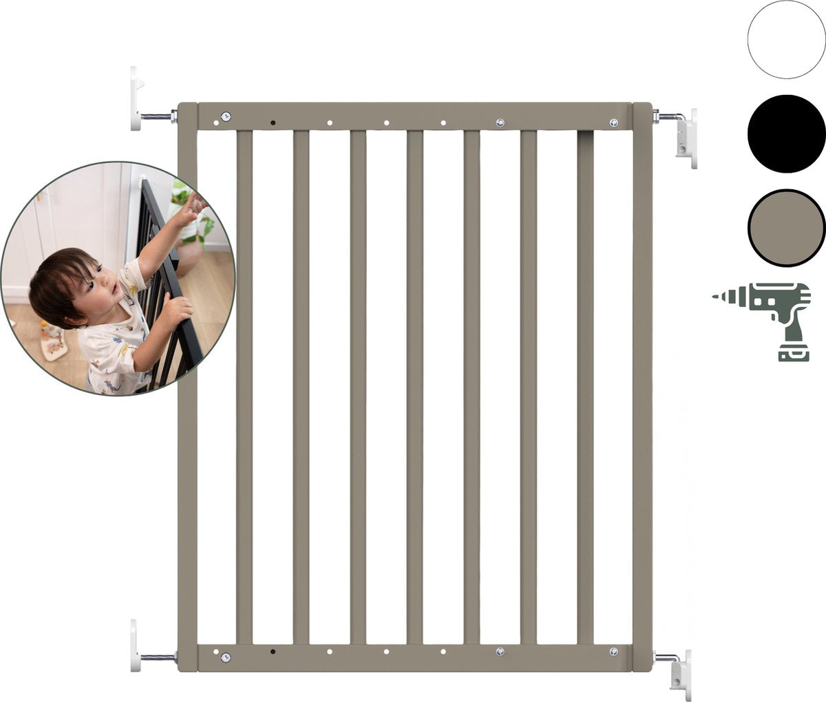 Geuther | puerta de seguridad maya | puerta de escalera extensible de madera | puerta de tornillo con taladros | puerta de seguridad con montaje en pared | color topo | de 63,5 a 105,5cm