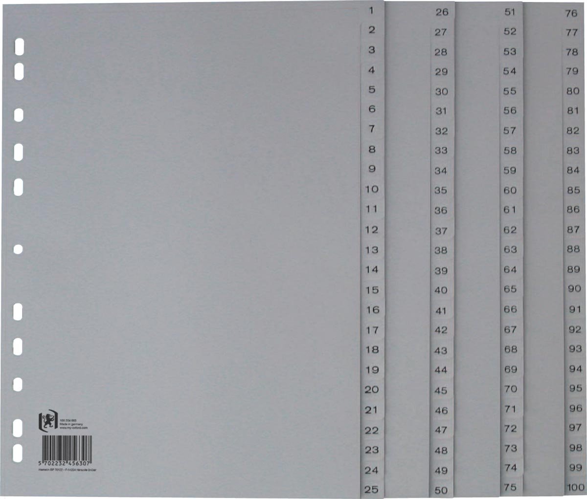 Schede Oxford, A4, in PP, perforazione a 11 fori, 100 schede numerate, grigio