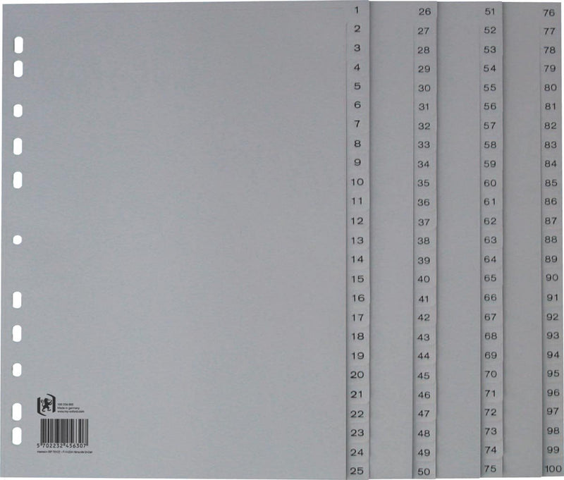 Oxford tabbladen, a4, uit pp, 11-gaatsperforatie, 100 genummerde tabs, grijs