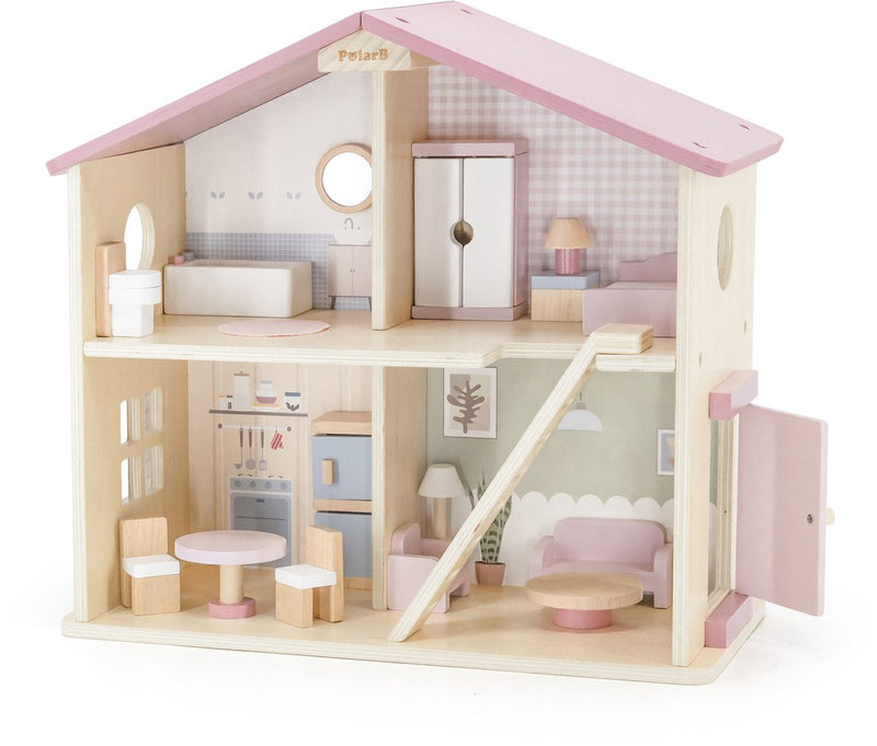 Polarb houten poppenhuis – inclusief 16 meubels accessoires – speelhuis voor poppen tot 10 cm (3+ jaar)