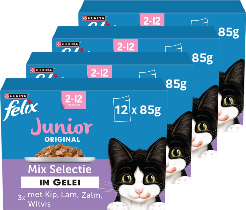 Felix selezione originale junior mix in gelatina - cibo per gatti cibo umido - pollo agnello salmone e coregone - 48 x 85 g