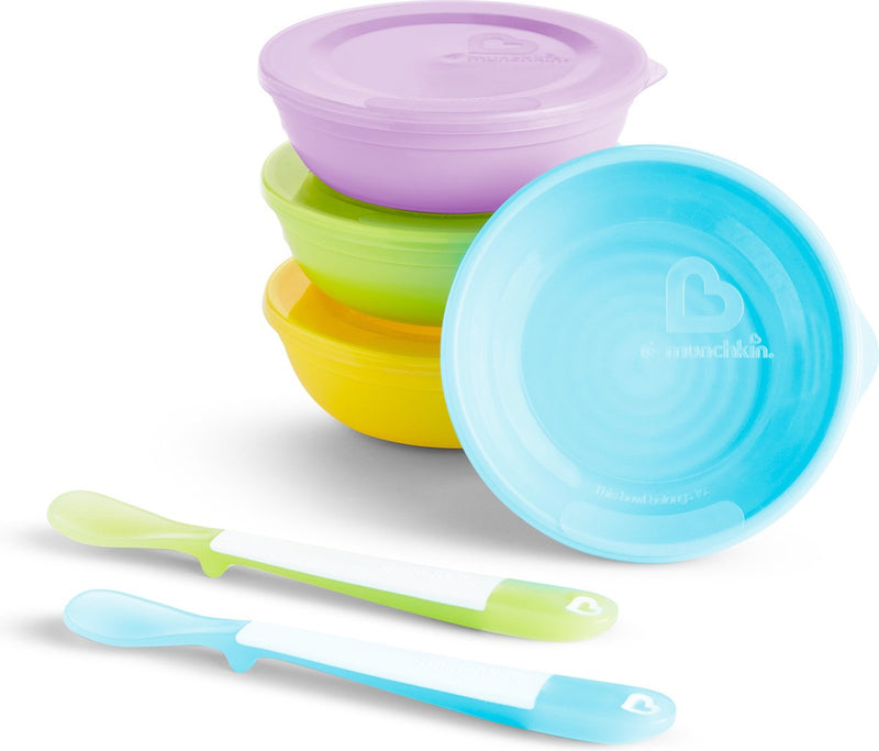 Set stoviglie per bambini Munchkin love-a-bowls - Set stoviglie per bambini da 10 pezzi - 4 ciotole, 2 cucchiai e 4 coperchi - stoviglie per bambini - a partire da 4 mesi - lavabile in lavastoviglie - adatto al microonde