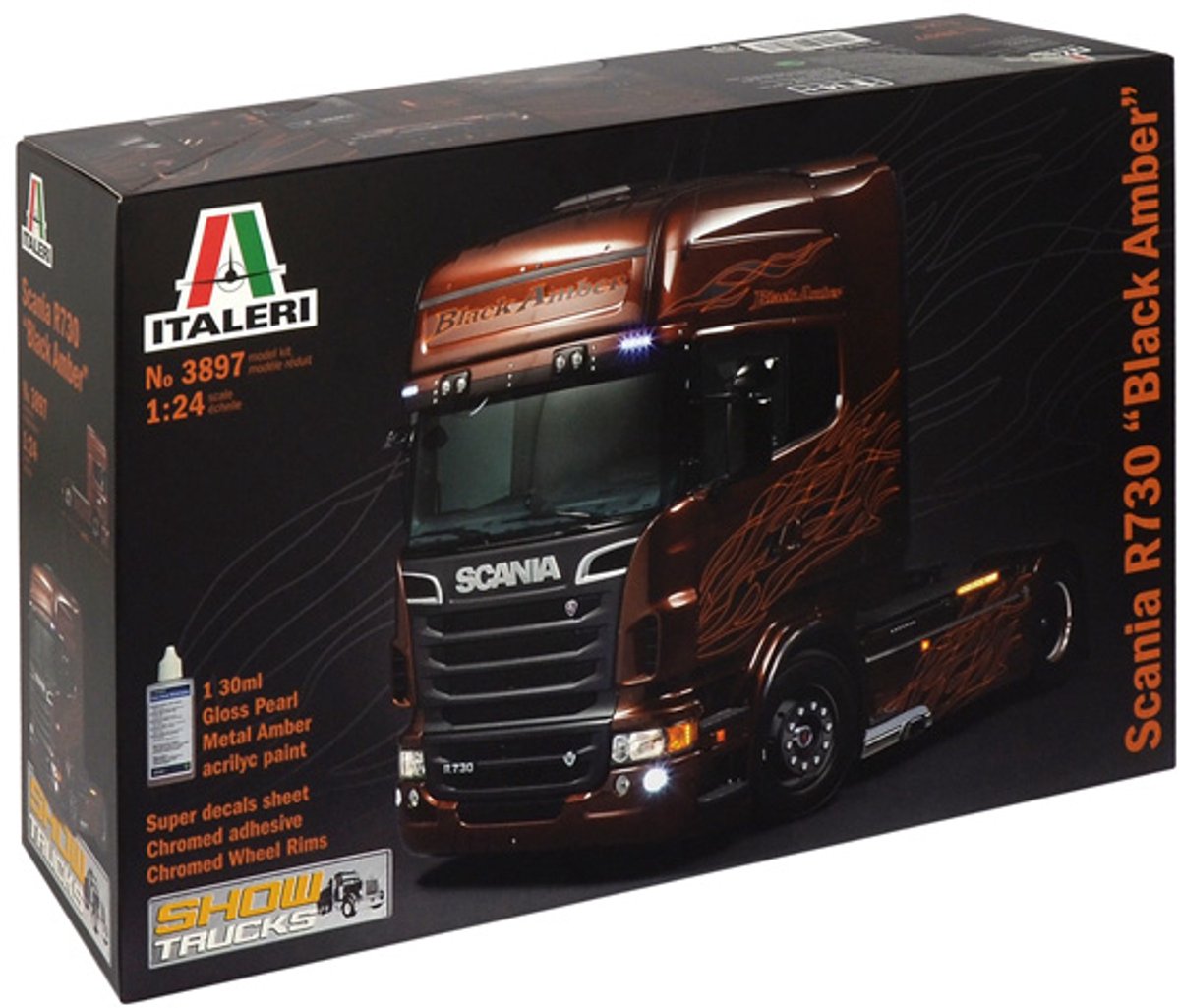 Italeri model kit car - 3897 scania r730 #039black amber#039 plastica - 1:24 - modellismo