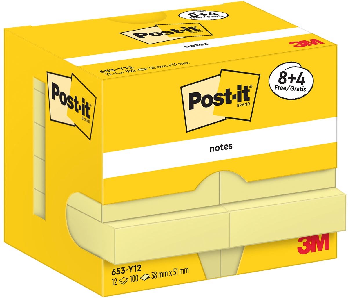 Post-it notes | 100 vel | ft 38 x 51 mm | geel | 8 + 4 gratis