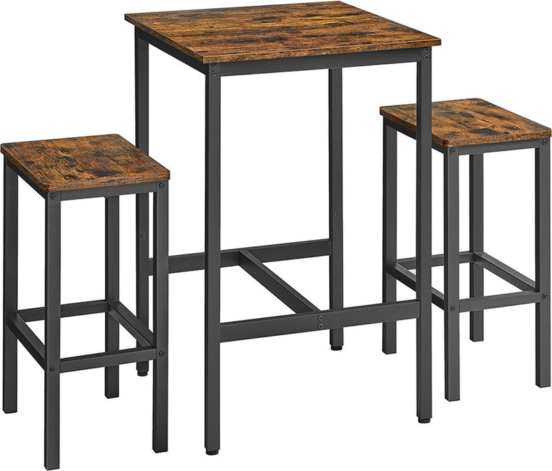 Tavolo da bar Vasagle con set sgabelli da bar, tavolo da pranzo con 2 sedie, tavolo da cucina piccolo 60 x 60 x 90 cm, sgabelli da bar 30 x 40 x 65 cm, per sala da pranzo, cucina, design industriale, vintage marrone-nero