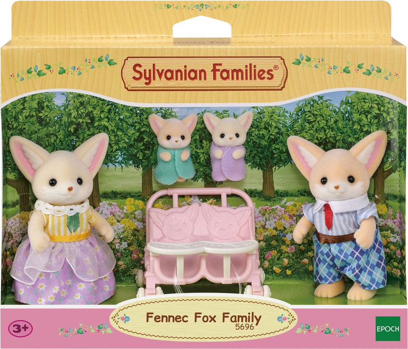 Sylvanian Families 5696 Famiglia di volpi del deserto - 4 personaggi morbidi e vellutati - Passeggino duo - Set da gioco