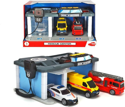Dickie Toys Sos - Centro di Soccorso Servizi di Soccorso Belga - Polizia - Vigili del Fuoco - Ambulanza - da 3 Anni - Garage Giocattolo