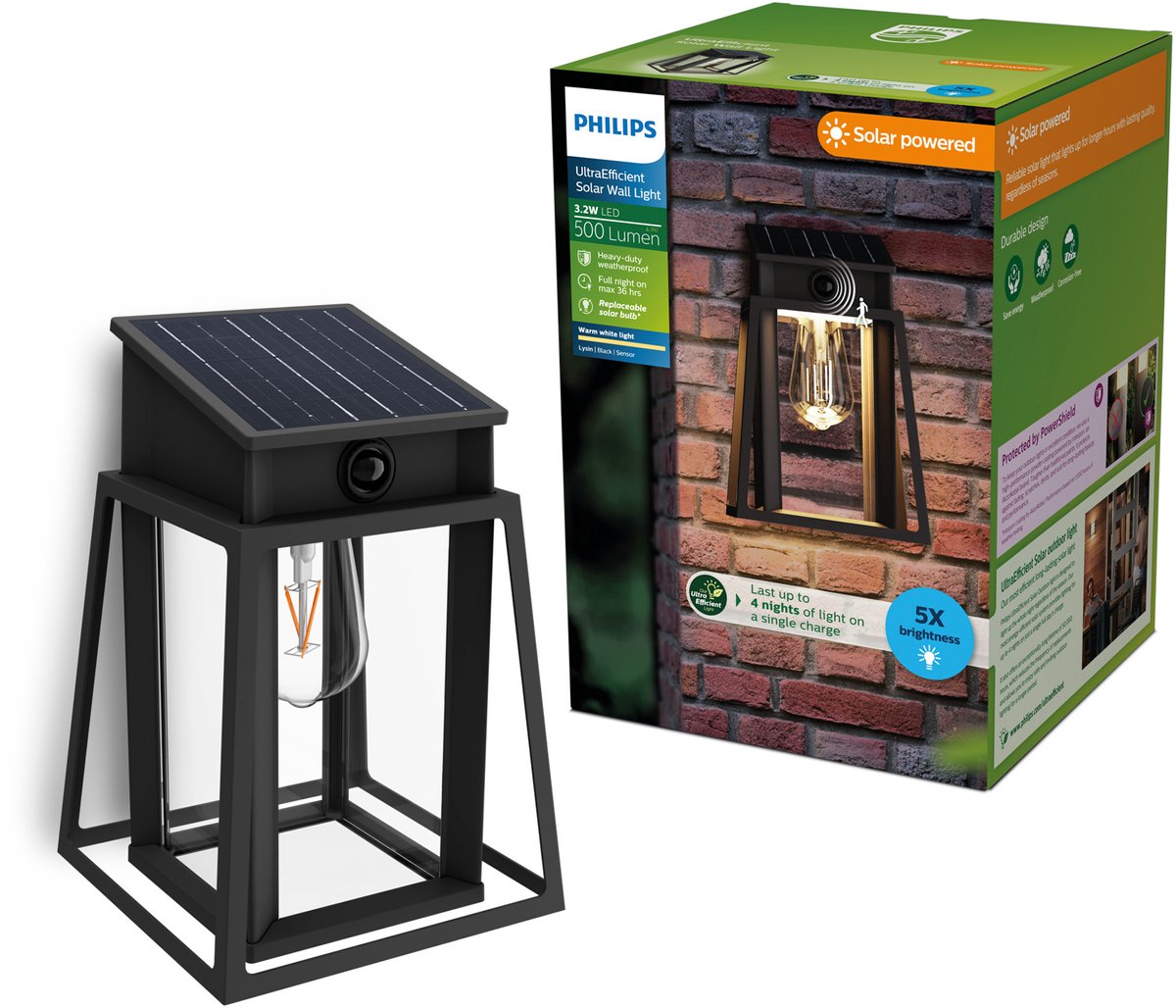 Philips led philips lysin wandlamp - ultraefficient led - solar buitenlamp - warmwit licht 2700k - zwart - rechthoekig ontwerp - bewegingssensor - zonne-energie - schemersensor