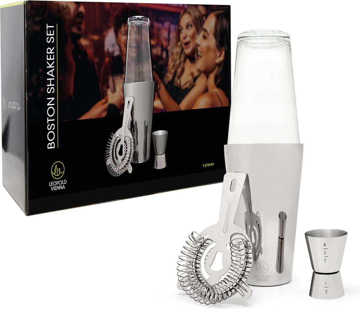 Leopold vienna - cocktail set boston rvs (cocktail shakebeker, zeef, jigger pipet) cadeau giftset