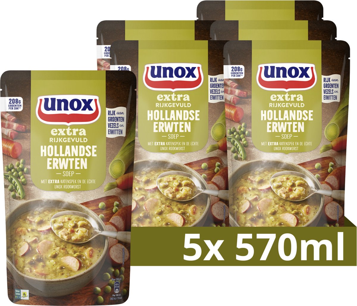 Zuppa extra ricca Unox in sacchetto - Zuppa olandese di piselli - 5 x 570 ml - Confezione risparmio
