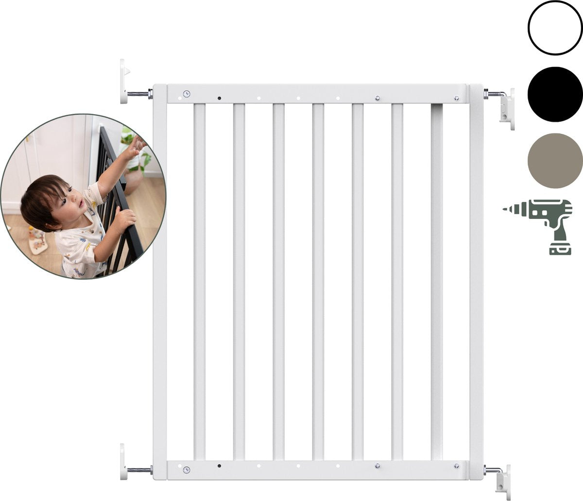 Geuther | puerta de seguridad maya | puerta de escalera extensible de madera | puerta de tornillo con taladros | puerta de seguridad con montaje en pared | blanco | de 63,5 a 105,5cm
